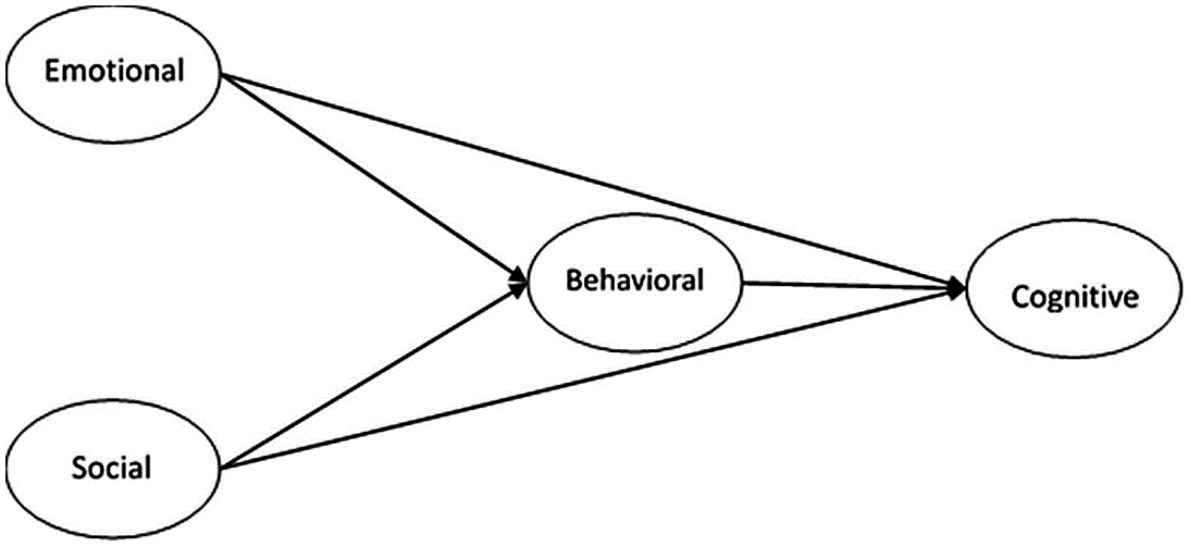 圖2：情感投入、社會投入、行為投入和認知投入之間關係的假設模型。