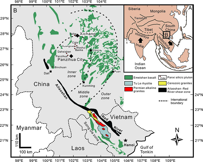 Figure 1. Map of the Emeishan large igneous province (ELIP), Ailaoshan-Red River shear zone, and the Tu Le-Phan Si Pan region. A: Inset map of the major suture zones of eastern Asia. B: Simplified map of ELIP showing the distribution of the crustal zonation, and the position of the main flood basalt relative to the displaced Tu Le-Phan Si Pan region (from Shellnutt et al., 2020).