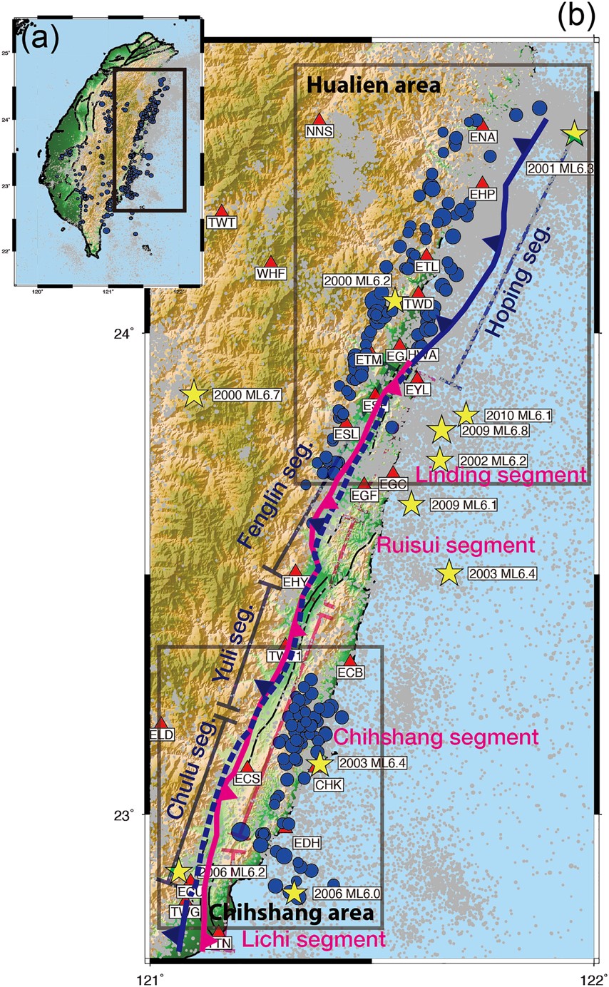 圖二：全臺灣之重複地震分佈圖及東部區域放大圖。
