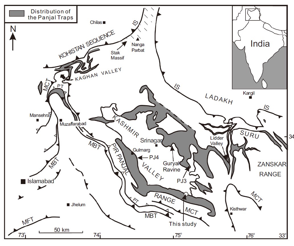圖1：潘加爾火成岩區分布與位置