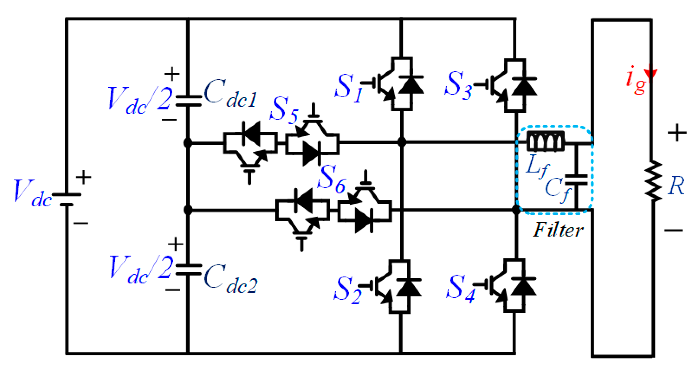 圖1：單相五階層 T 型拓撲結構圖